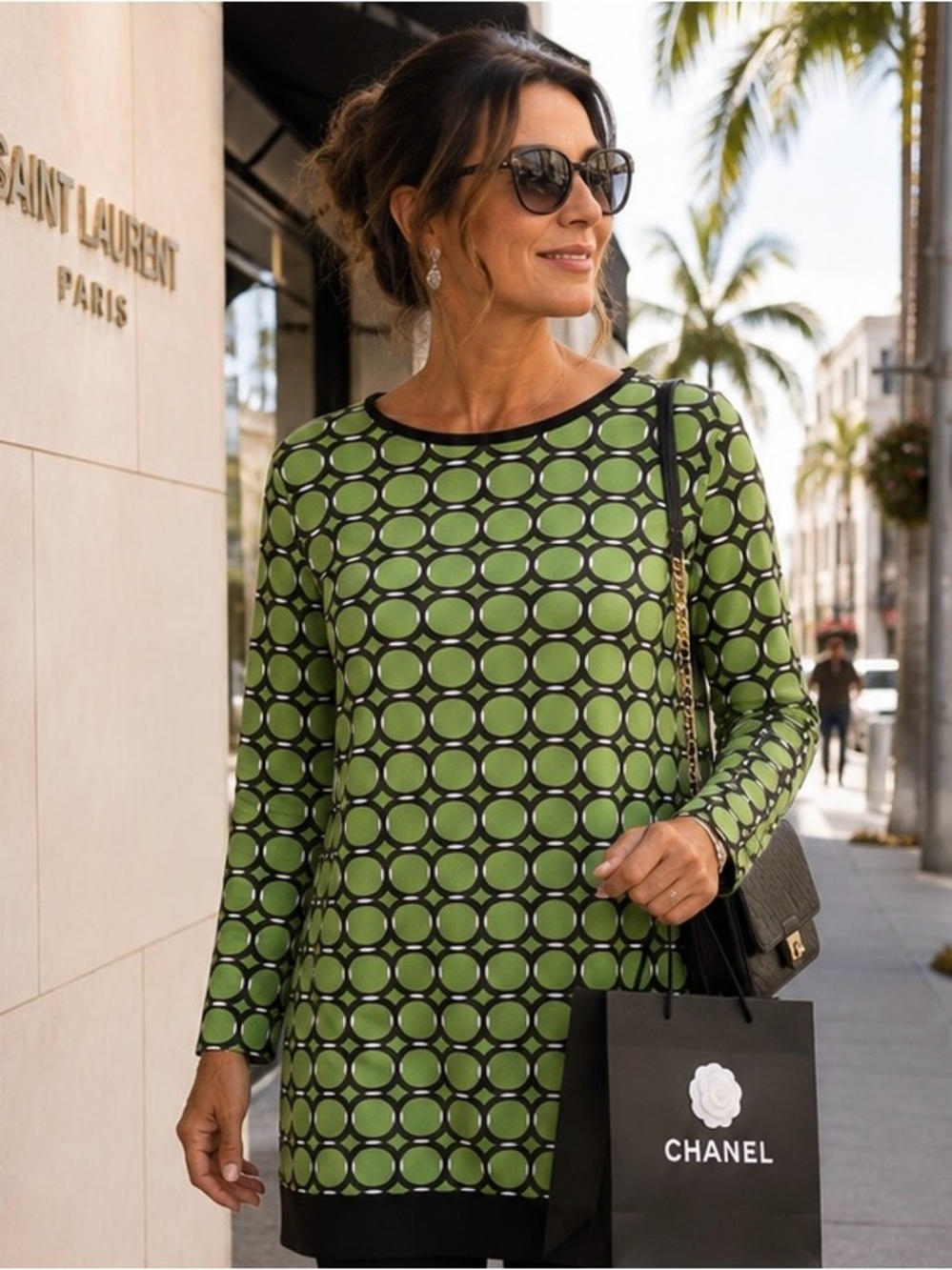 Michael Kors Green and Black Geometric Zip-Front Top